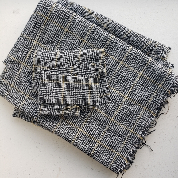 1960s 1970s Vintage Remnant Sewing Wool Black Gold Metallic Plaid Pattern Fabric - Picture 1 of 10